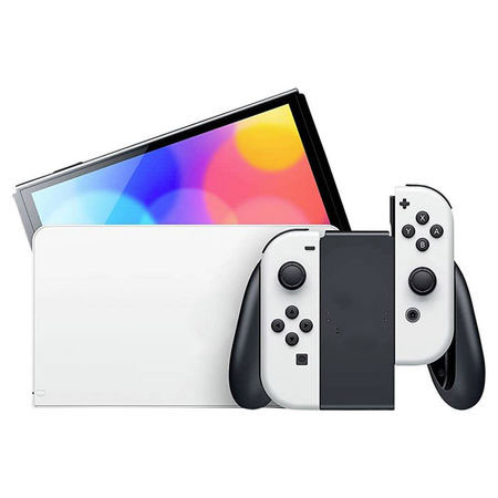 Nintendo Switch OLED auf weißem Hintergrund.