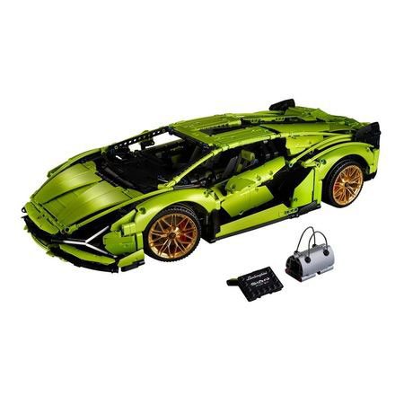 Aufgebauter Lamborghini Sián von Lego Technik auf weißem Hintergrund.