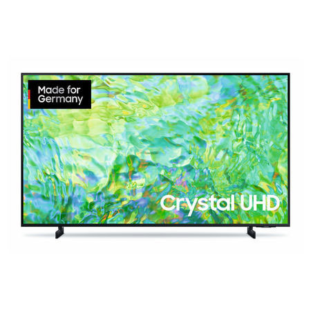 Smart TV der Marke Samsung auf weißem Hintergrund. Auf dem Display ist ein abstrakter, bunter Hintergrund zu sehen und ein Siegel "Made in Germany" und in weißer Schrift "Crystal UHD".