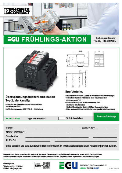 Aktionsflyer Phoenix Frühlingsaktion beim EGU Elektrogroßhandel. Laufzeit 12.05.-30.06.2025
