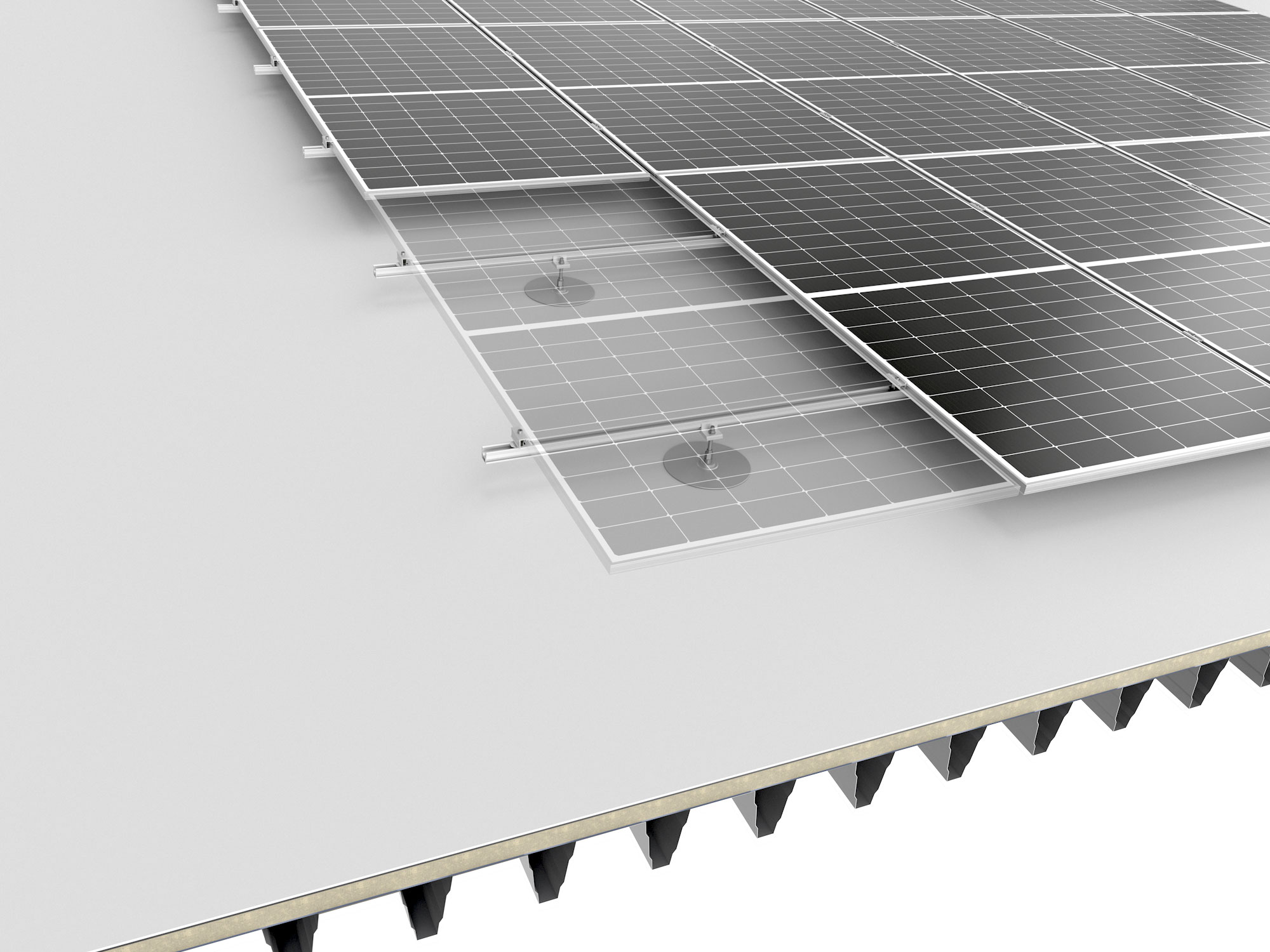 K2 SingleRail IFP System bietet eine optimierte Befestigungslösung für Folienschrägdächer mithilfe von Ankerplatten oder Montagefüßen.