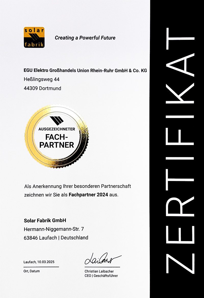 Zertifikat Fachpartner 2024 EGu Solarfabrik