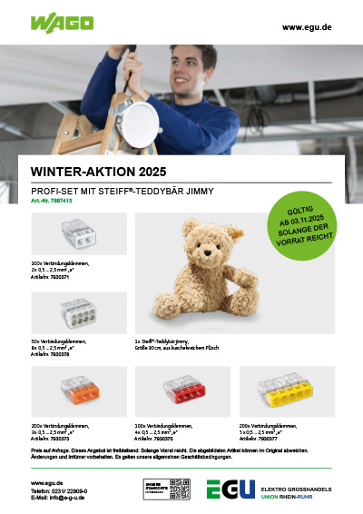 Wago Winteraktion 2025 Profi-set mit Steiff-Teddybär Jimmy. Jetzt bei der EGU