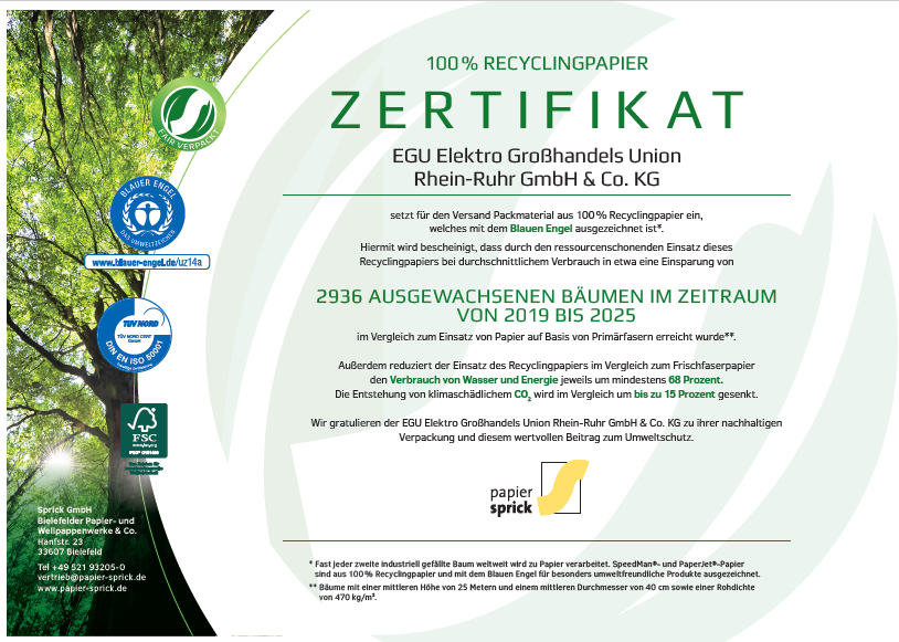 100 Prozent Recyclingpapier-Zertifikat für das Verpackungsmaterial bei der EGU Elektrogroßhandel
