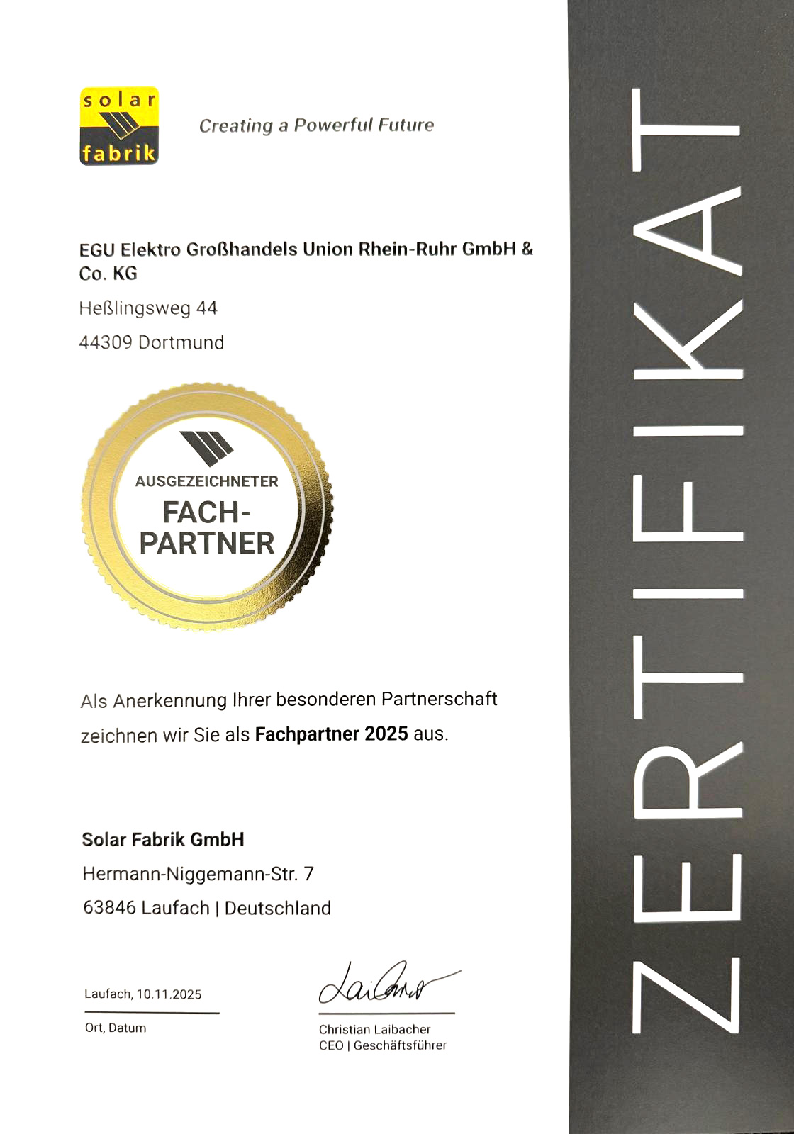 EGU Fachpartner Zertifikat Solarfabrik 2025