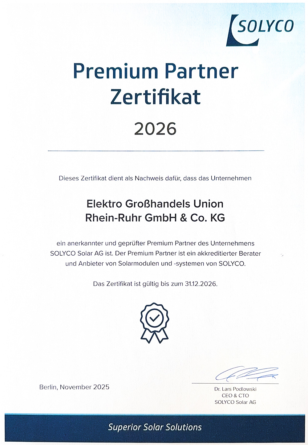Premiumpartner Zertifikat von Solyco für EGU Elektrogroßhandel 2026