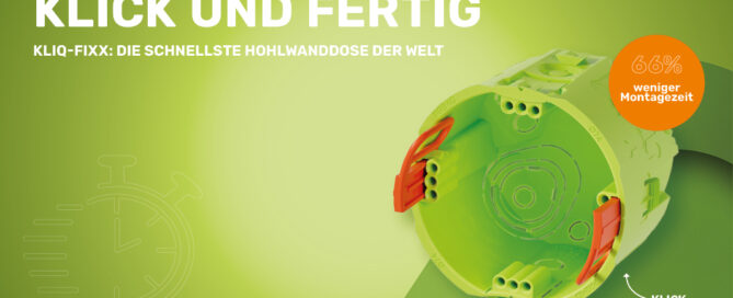 PRIMO Klick und fertig! Die KliQ-Fixx Hohlwand Geräte-V-Dose 62 mm minimiert die Montagezeit bei der Elektroinstallation um bis zu 66 Prozent.