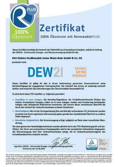 100% Ökostrom Zertifikat EGU Elektrogroßhandel